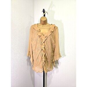 Vtg Fairy Grunge Silk Embroidered Embellished Flare Sleeve Blouse Lge Tan Ruffle